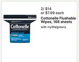 Walgreens Cottonelle Flushable Wipes, 168 sheets offer
