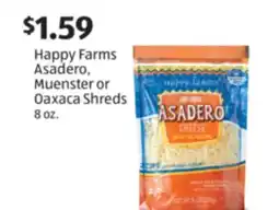 Aldi Happy Farms Asadero, Muenster or Oaxaca Shreds offer