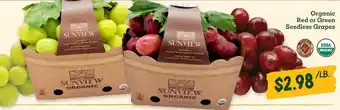 Sunview organic red or green seedless grapes