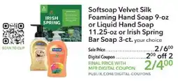 Publix Softsoap velvet silk foaming hand soap or liquid hand soap or irish spring bar soap offer