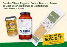 Sprouts Farmers Market Delallo Olives, Peppers, Sauce, Beans or Pasta or Carbone Pizza Sauce or Pasta Sauce offer