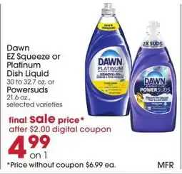 Giant Eagle Dawn EZ Squeeze or Platinum Dish Liquid offer