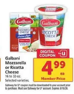 Safeway Galbani Mozzarella or Ricotta Cheese offer