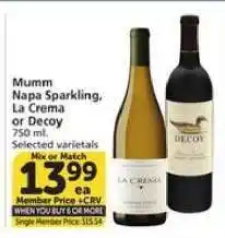 Albertsons Mumm Napa Sparkling, La Crema or Decoy offer