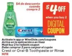Winn Dixie Crest or Oral-B Toothpaste or Rinse offer