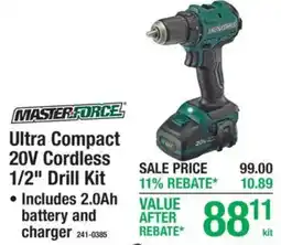 Menards Masterforce ultra compact 20v cordless 1/2" drill kit offer