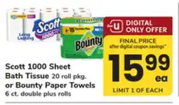 ACME Scott 1000 Sheet Bath Tissue 20 roll pkg. or Bounty Paper Towels 6 ct. double plus rolls offer