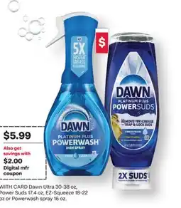 CVS Dawn Ultra 30-38 oz, Power Suds 17.4 oz, EZ-Squeeze 18-22 oz or Powerwash spray 16 oz offer