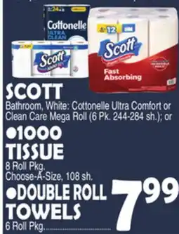 Bravo Supermarkets SCOTT 1000 TISSUE 8 Roll Pkg. Choose-A-Size, 108 sh., DOUBLE ROLL TOWELS 6 Roll Pkg offer