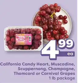 Weis Markets California Candy Heart, Muscadine, Scuppernong, Champagne, Thomcord or Carnival Grapes offer