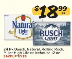 Winn Dixie 24 Pk Busch, Natural, Rolling Rock, Miller High Life or Icehouse 12 oz offer