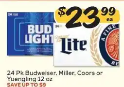 Winn Dixie 24 Pk Budweiser, Miller, Coors or Yuengling offer