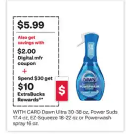 CVS Dawn Ultra 30-38 oz, Power Suds 17.4 oz, EZ-Squeeze 18-22 oz or Powerwash spray 16 oz offer