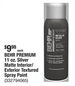 The Home Depot BEHR PREMIUM 11 oz. Silver Matte Interior/Exterior Textured Spray Paint offer