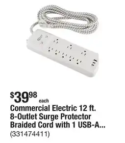 The Home Depot Commercial Electric 12 ft. 8-Outlet Surge Protector Braided Cord with 1 USB-A and 2 USB-C, White offer