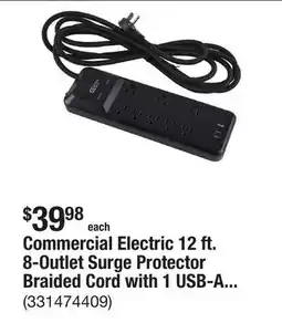 The Home Depot Commercial Electric 12 ft. 8-Outlet Surge Protector Braided Cord with 1 USB-A and 2 USB-C, Black offer