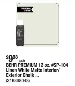 The Home Depot BEHR PREMIUM 12 oz. #SP-104 Linen White Matte Interior/Exterior Chalk Aerosol Spray Paint offer