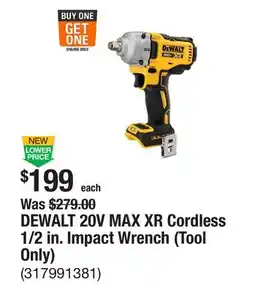 The Home Depot DEWALT 20V MAX XR Cordless 1/2 in. Impact Wrench (Tool Only) offer