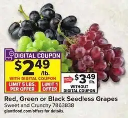 Giant Food Red, Green or Black Seedless Grapes offer