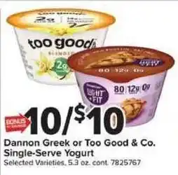 Giant Food Dannon Greek or Too Good & Co. Single-Serve Yogurt offer