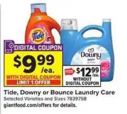 Giant Food Tide, Downy or Bounce Laundry Care offer