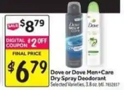 Stop&Shop Dove or Dove Men+Care Dry Spray Deodorant offer