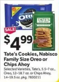 Stop&Shop Tate's Cookies, Nabisco Family Size Oreo or Chips Ahoy offer