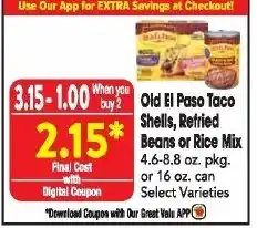Great Valu Markets Old El Paso Taco Shells, Refried Beans or Rice Mix offer