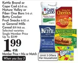 Food Pavilion Kettle Brand or Cape Cod Potato Chips, Nature Valley or Fiber One Bars, Betty Crocker Fruit Snacks or General Mills Cereal offer