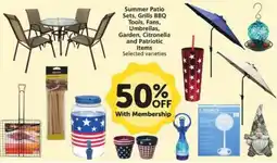 Food Pavilion Summer Patio Sets, Grills BBQ Tools, Fans, Umbrellas, Garden, Citronella and Patriotic Items offer