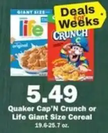 Schnucks Quaker Cap'n Crunch or Life Giant Size Cereal offer