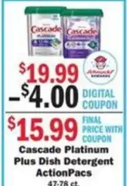 Schnucks Cascade Platinum Plus Dish Detergent ActionPacs offer