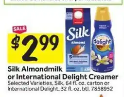 Stop&Shop Silk Almondmilk or International Delight Creamer offer