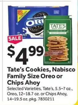 Stop&Shop Tate’s Cookies, Nabisco Family Size Oreo or Chips Ahoy offer