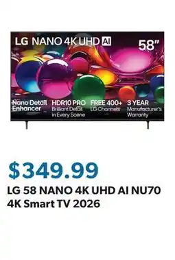 Sam's Club LG 58 NANO 4K UHD AI NU70 4K Smart TV 2026 offer