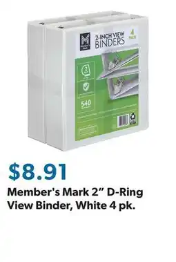 Sam's Club Member's Mark 2 D-Ring View Binder, White 4 pk offer