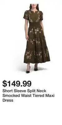 TJ Maxx Short Sleeve Split Neck Smocked Waist Tiered Maxi Dress offer