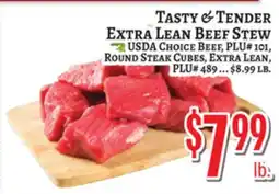 Trade Fair Supermarket USDA CHOICE BEEF, PLU# 101, ROUND STEAK CUBES, EXTRA LEAN, PLU# 489 offer