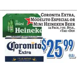 Trade Fair Supermarket CORONITA EXTRA, MODELITO ESPECIAL OR MINI HEINEKEN BEER offer