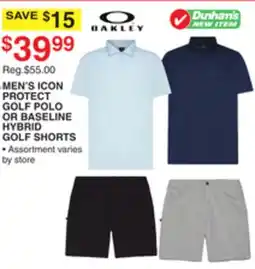Dunham's Sports OAKLEY MEN'S ICON PROTECT GOLF POLO OR BASELINE HYBRID GOLF SHORTS offer