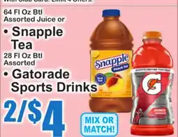 SuperFresh 64 Fl Oz Btl Assorted Juice or Snapple Tea 28 Fl Oz Btl Assorted or Gatorade Sports Drinks offer