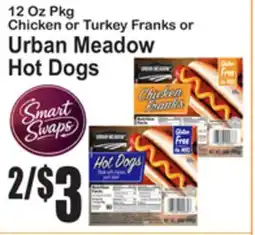 SuperFresh Chicken or Turkey Franks or Urban Meadow Hot Dogs offer