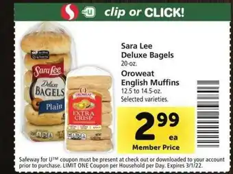 Safeway Sara Lee Deluxe Bagels, Oroweat English Muffins offer