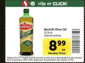 Safeway Bertolli Olive Oil offer