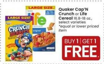 Albertsons Quaker Cap'N Crunch Or Life Cereal offer