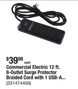 The Home Depot Commercial Electric 12 ft. 8-Outlet Surge Protector Braided Cord with 1 USB-A and 2 USB-C, Black offer