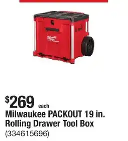 The Home Depot Milwaukee packout 19 in. rolling drawer tool box offer