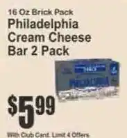 Key Food Philadelphia cream cheese bar 2 pack offer