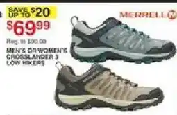 Dunham's Sports Merrell men's or women's crosslander 3 low hikers offer