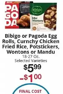 Hays Supermarket Bibigo or Pagoda Egg Rolls, Curnchy Chicken Fried Rice, Potstickers, Wontons or Mandu offer